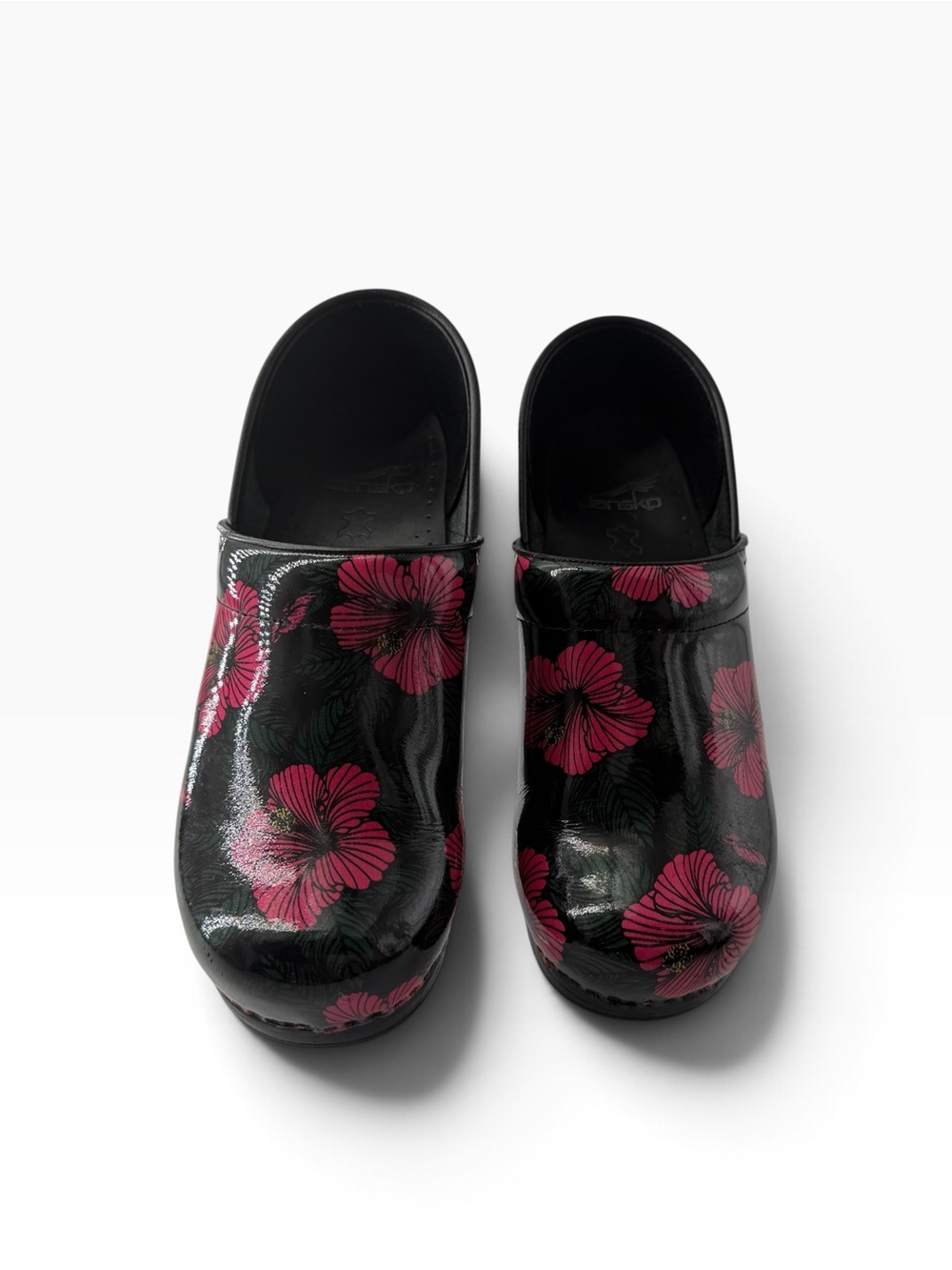 Dansko Black Clogs Pink Hibiscus Floral Pattern Cottagecore Women’s Sz 7.5-8